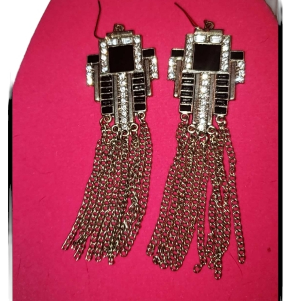 New 4" Golden Earrings Onyx Black Stones Glistening Rhinestones Dangles